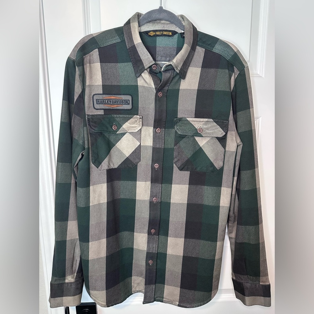 Harley-Davidson Green and Gray Plaid Long Sleeve Button-Down Shirt